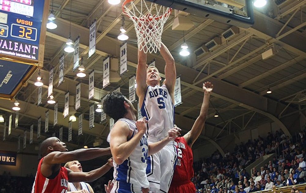 Senior forward Mason Plumlee scored 19 points on 7-of-7 shooting and grabbed 10 rebounds in the Blue Devils’ exhibition game against Winston-Salem State Thursday night.