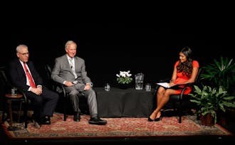 Board of Trustees Chair David Rubenstein, President Richard Brodhead answer questions posed by students and Town Hall moderator Lavanya Sunder.