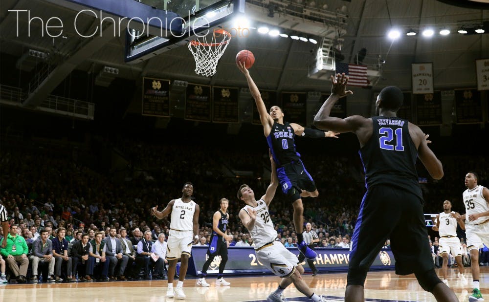 <p>Freshman Jayson Tatum went down hard early in the second half but returned to play 37 minutes in by far his best game in the past few weeks.&nbsp;</p>