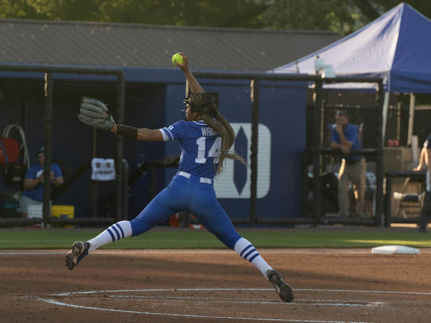 Pitcher Jana Wright winds up in Duke's Wednesday evening win against UNC Greensboro.