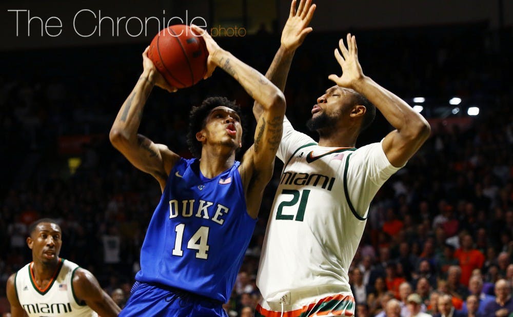Freshman Brandon Ingram scored 19 points to lead the Blue Devils, but Duke could not consistently crack Miami’s defense until late in the game and fell for the fourth time in five tries.