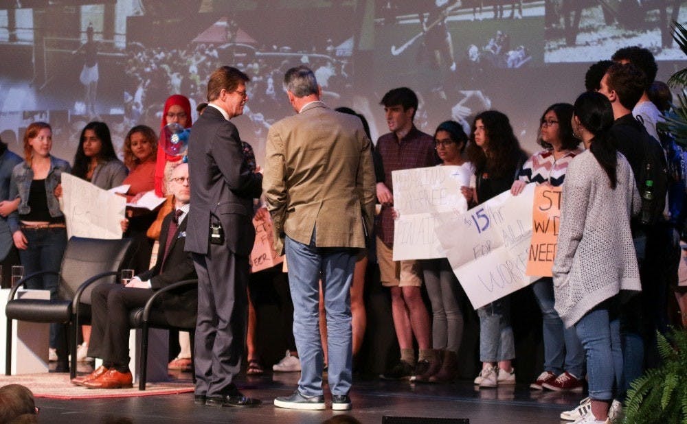Students took to the stage in Page Auditorium as President Price stood at the podium in 2018.