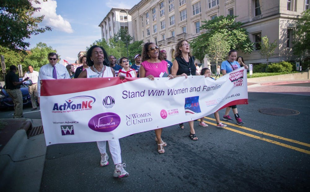 <p>More than 300 people gathered in downtown Durham Friday afternoon to celebrate Women’s Equality Day.</p>