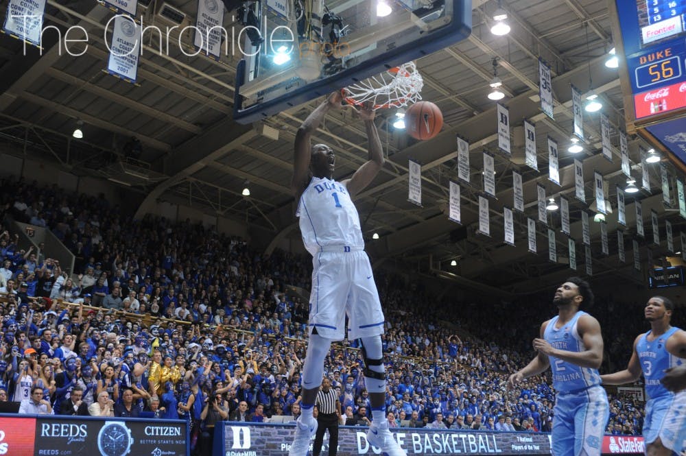 Freshman Harry Giles had six points on 3-of-3 shooting in his first Duke-North Carolina game Thursday night.&nbsp;