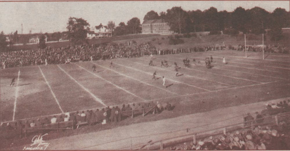 <p>Hanes Field on East Campus used to host Duke football games like this one against Elon on November 13, 1920, and held the longest doubleheader in professional baseball history in 1915.&nbsp;</p>