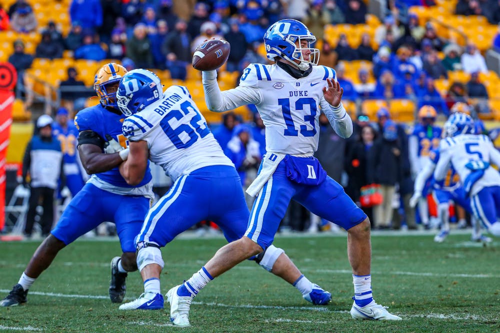Quarterback Riley Leonard winds up for a throw in Duke football's 2022 loss to Pittsburgh.