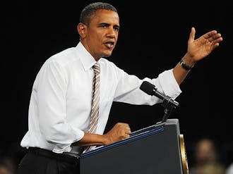 Barack Obama speaks before a full Reynolds Coliseum at North Carolina State University.