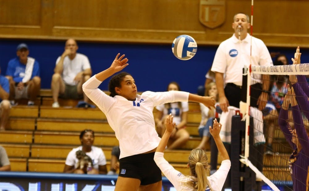 <p>Senior Jordan Tucker recorded double-digit kills in both games this weekend to power the Blue Devil offense.&nbsp;</p>