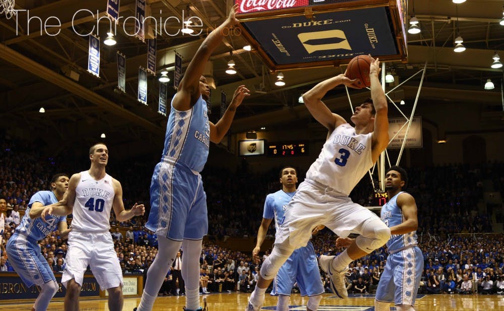 <p>Sophomore Grayson Allen made four or more 3-pointers for the fifth time this season in the Blue Devils' regular season finale.</p>