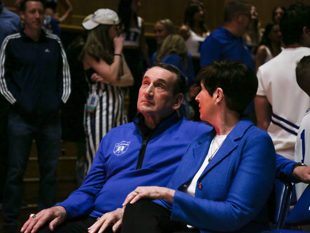 Former Duke head coach Mike Krzyzewski in the crowd before Tuesday's game at Notre Dame.