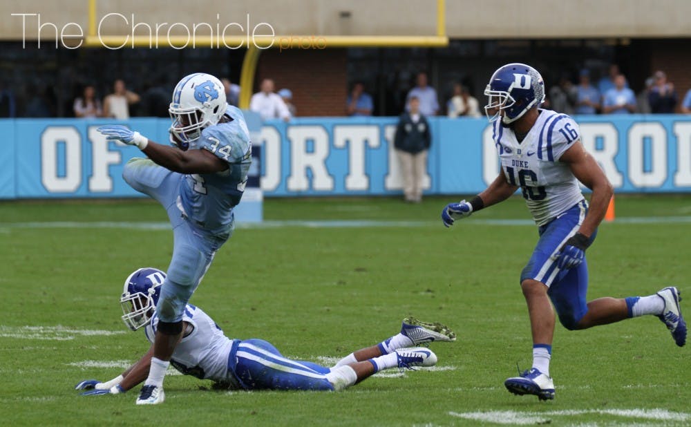 Running back Elijah Hood and North Carolina have scored 111 points in their last two games against Duke.