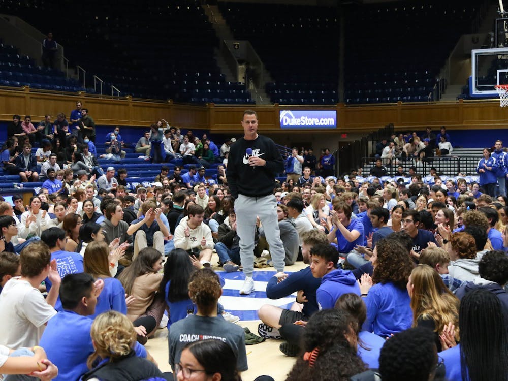 Head coach Jon Scheyer speaks to students ahead of last year's tenting test inside Cameron Indoor Stadium.