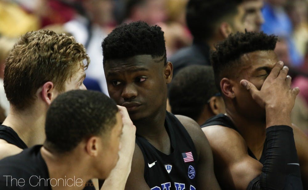 <p>Zion Williamson spent the second half of Saturday's win at Florida State on the bench after getting poked in the eye.</p>