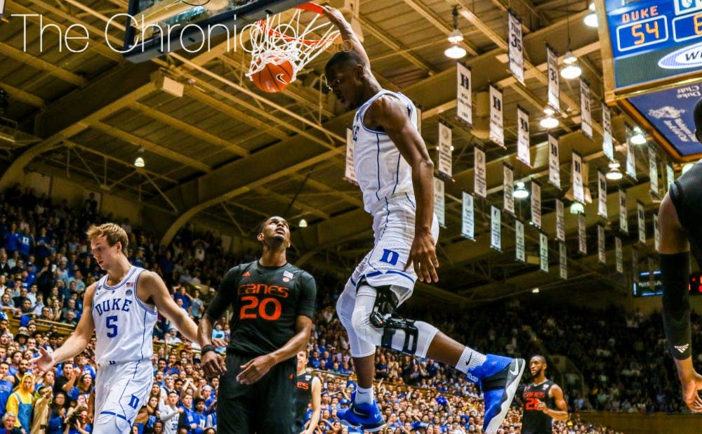 Freshman Harry Giles helped close out Monday's win after Amile Jefferson and Luke Kennard fouled out.&nbsp;