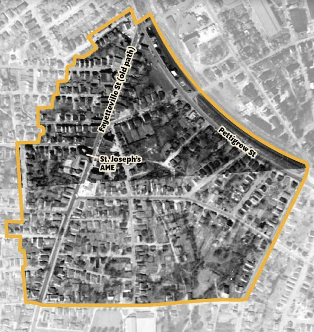 Hayti in 1950.&nbsp;SDA historical aerial photos courtesy of the North Carolina Office of Archives and History; Raleigh, North Carolina.