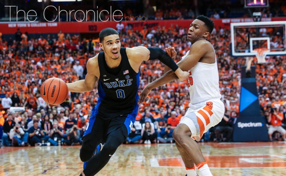 Freshman Jayson Tatum had a first-half double-double with 14 points and 10 rebounds in the opening period, but the Blue Devils allowed 53 second-half points to blow another late lead.