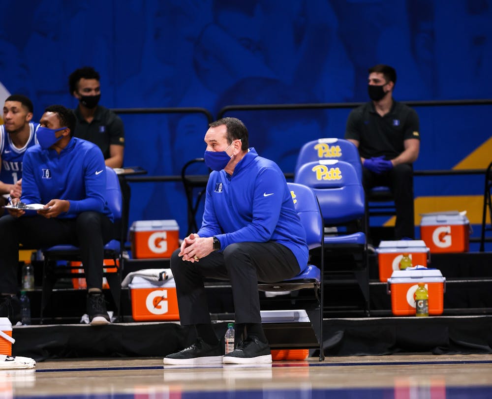 Coach K watches on during Duke's loss at Pittsburgh Tuesday, the team's second loss in a row.