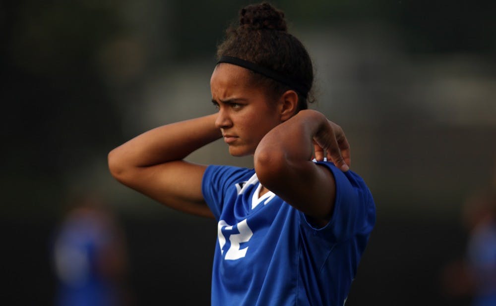 <p>Freshman Kayla McCoy and the Blue Devils will look to break a long scoreless drought Sunday against No. 9 Virginia Tech.</p>