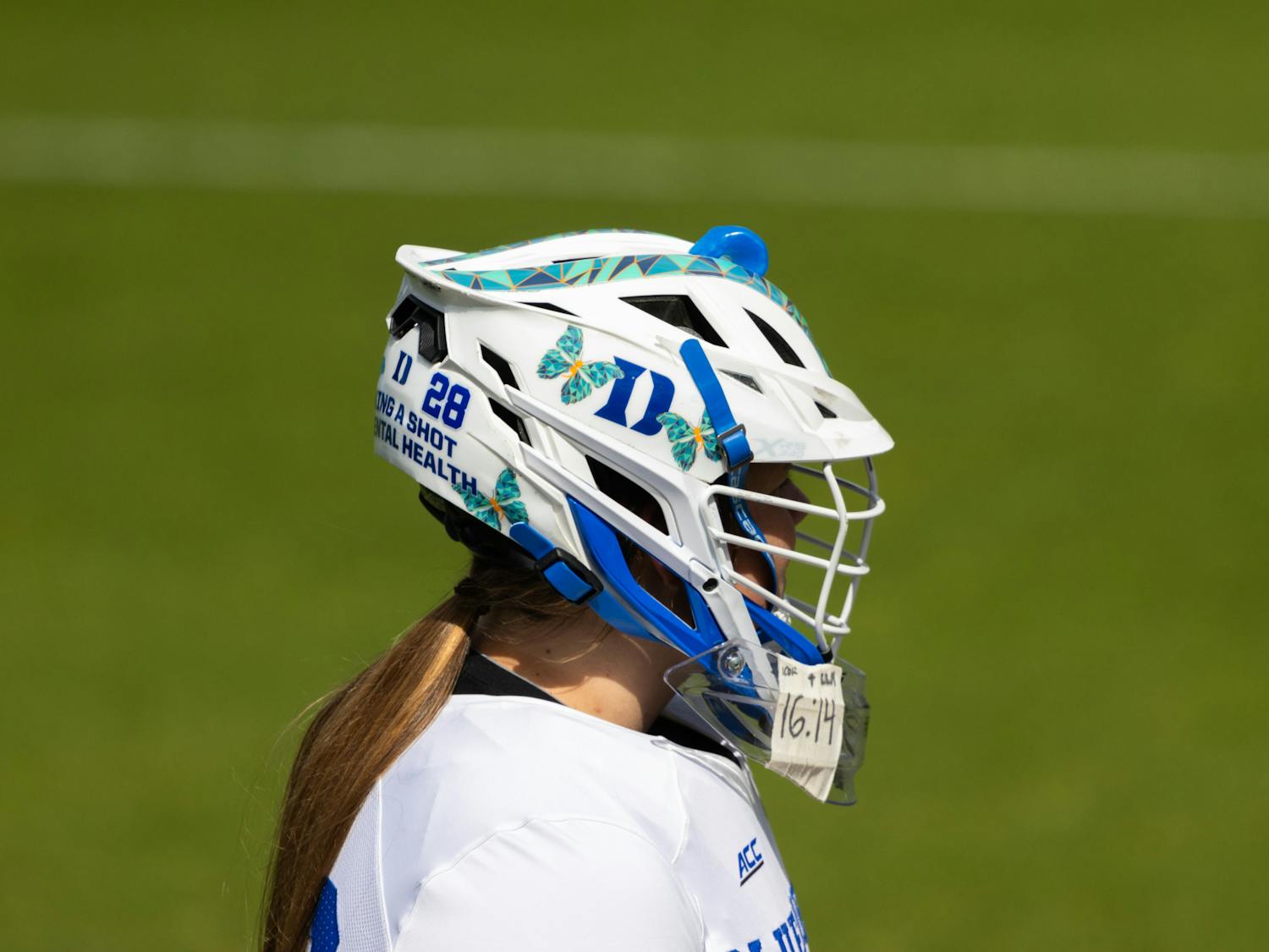 Each Duke goalie helmet is decorated with the Morgan's Message butterfly. 
