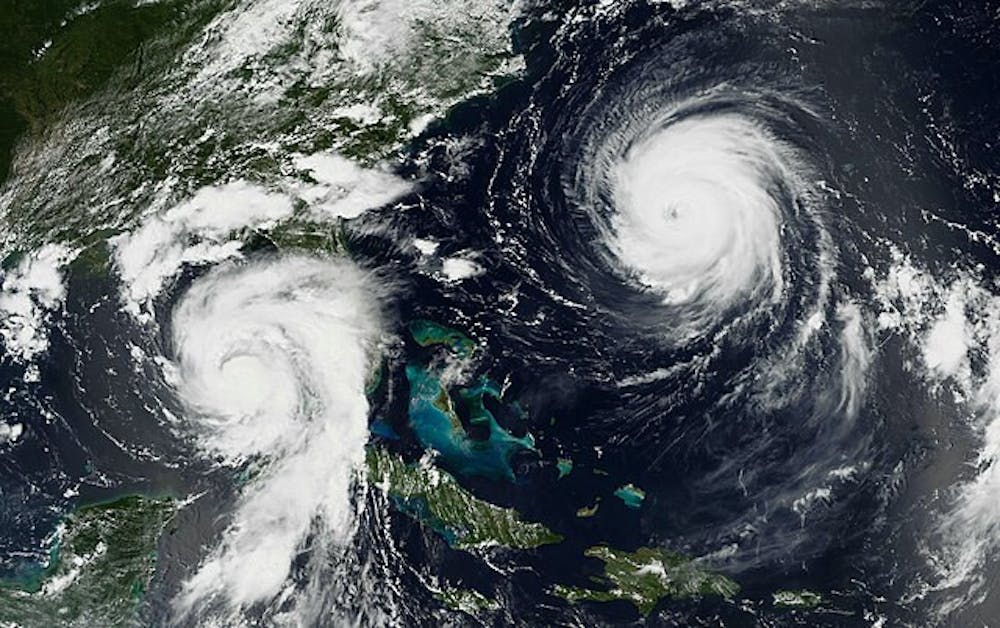 <p>Hurricane Idalia (left) approaching the coast of Florida and Major Hurricane Franklin (right) developing off the Atlantic Ocean. Courtesy of Wikimedia Commons</p>