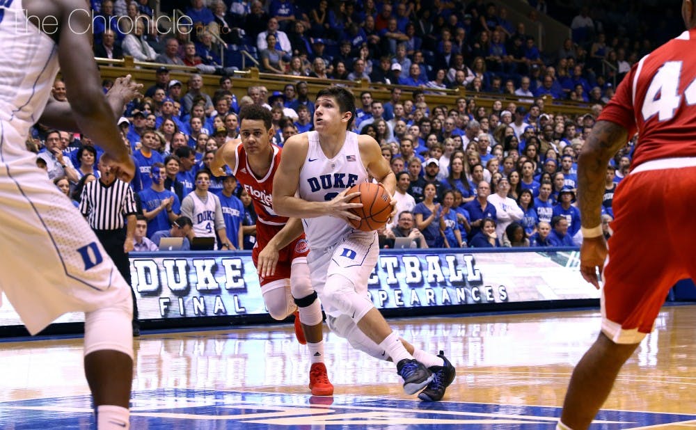 <p>Sophomore Grayson Allen struggled in the first half, scoring just three points before tweaking his ankle in the second.</p>