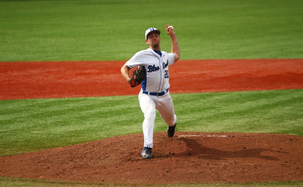 <p>Trent Swart&nbsp;pitched five scoreless innings for the Blue Devils Sunday in the second game of the doubleheader.</p>