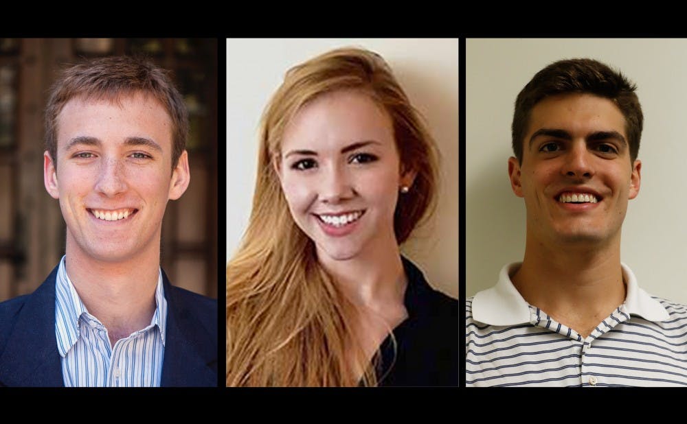 <p>Three&nbsp;Duke seniors&nbsp;won prestigious scholarships to study at universities in the United Kingdom and Ireland. From left to right: Jay Ruckelshaus, Laura Roberts and Wills Rooney.</p>