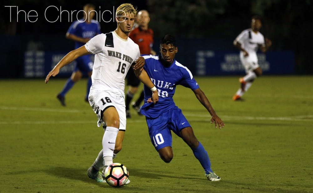 <p>Freshman Suniel Veerakone fired a free kick into the back of the net Friday to give Duke its first ACC win of the season.</p>