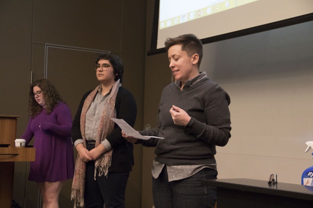 <p>Jennifer Ansley, a lecturing fellow in the Thompson Writing Program, discussed issues impacting&nbsp;non-tenure track faculty&nbsp;at the DSG meeting Wednesday.&nbsp;</p>