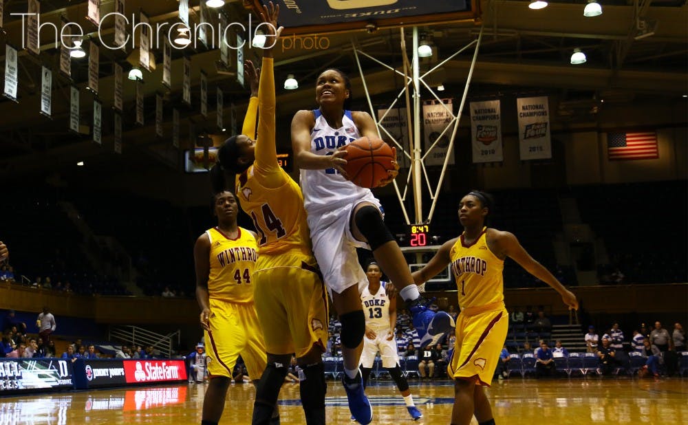 <p>Sophomore Azurá Stevens came within two blocks of a triple-double Sunday, finishing with 18 points, 14 rebounds and eight blocks as the Blue Devils cruised in their home opener.</p>