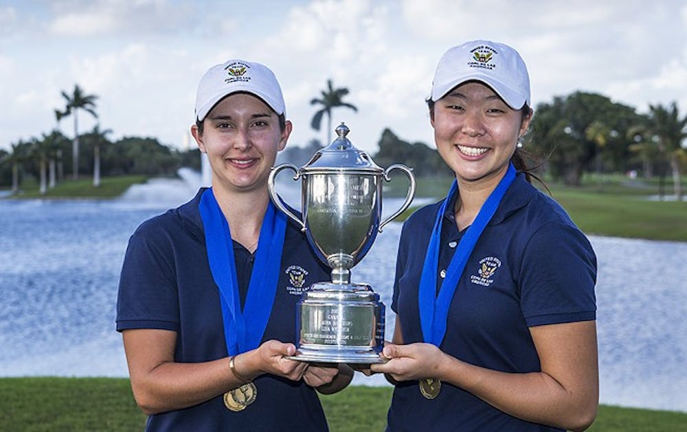 The 2013  Copa de las Americas women's team champion USA:  Lindy Duncan, Erynne Lee (left to right) as seen during the fourth round of  the 2013  Copa de las Americas at the Doral Golf Resort & Spa Miami in Miami, Fla. on Sunday , Jan. 6, 2013.  (Copyright USGA/John Mummert)