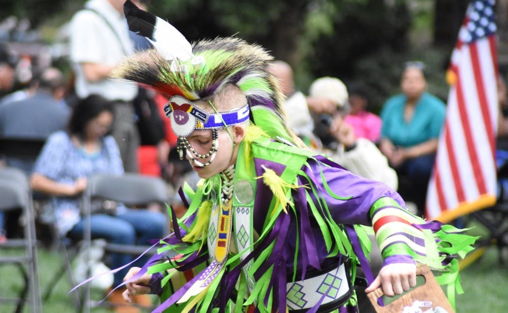 A dancer performs at Duke's annual powwow celebration, which took place on Abele Quad Saturday, April 14.