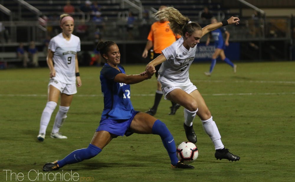 <p>Kayla McCoy's two goals gave Duke the early lead it needed to claw out a win against Wake Forest.</p>