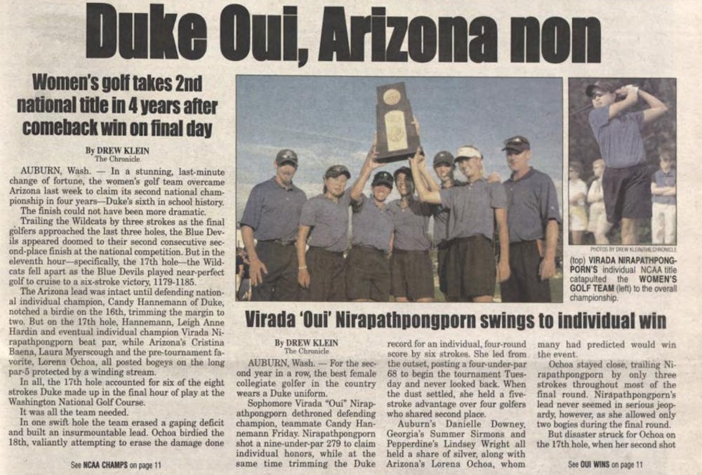 <p>The front page of The Chronicle on May 30, 2002, after Duke women's golf won its second national championship in four years.</p>