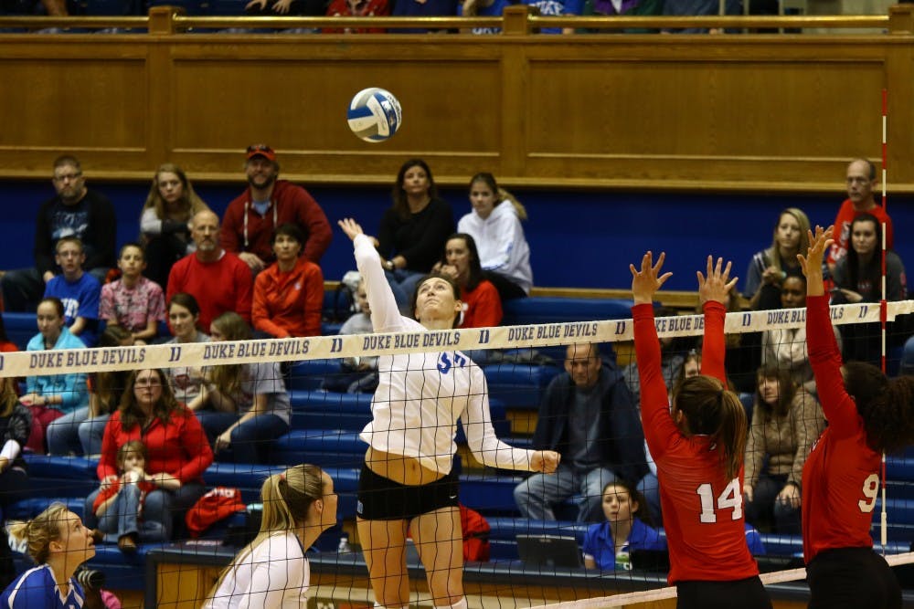 <p>Senior Emily Sklar delivered a double-double of 17 kills and 17 digs Saturday as the Blue Devils upset No. 22 North Carolina on Senior Day at Cameron Indoor Stadium to deny the Tar Heels a share of the ACC championship.</p>