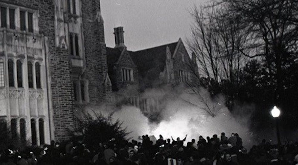 Tear gas outside the Allen Building on February 13, 1969. Courtesy of Duke Online Exhibits.