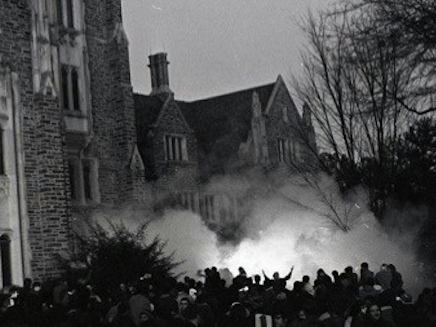 Tear gas outside the Allen Building on February 13, 1969. Courtesy of Duke Online Exhibits.