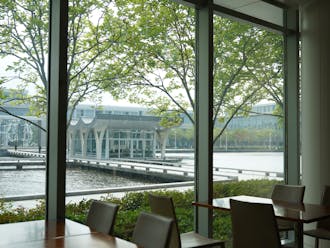Duke Kunshan Pond and Water Pavilion (from inside Halal restaurant)