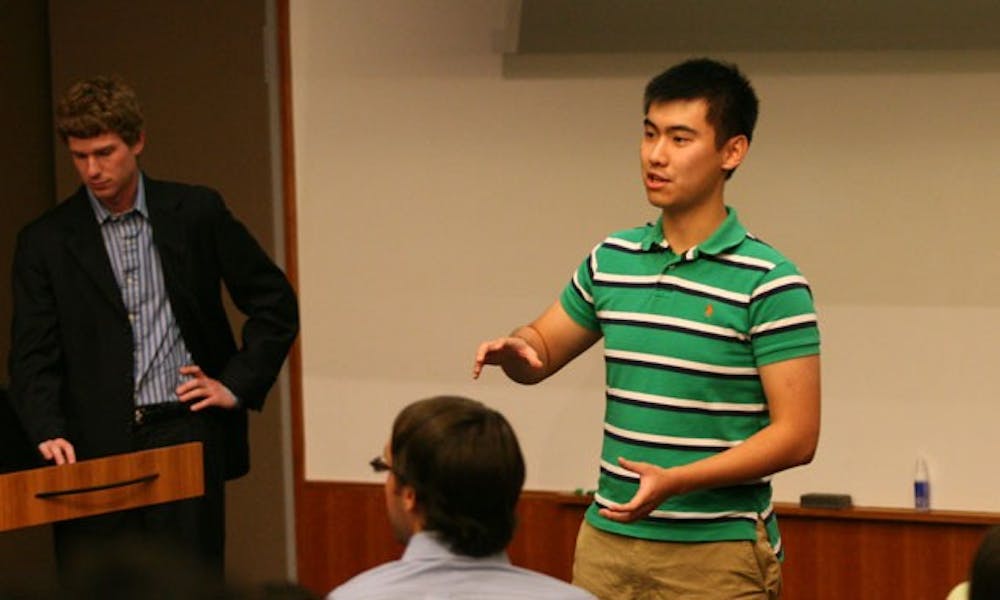 As SOFC Chair David Hu, a junior, proposes the chartering of  Duke Wealth Management, DSG debated on the role SOFC should play in the group chartering process during its meeting Wednesday.