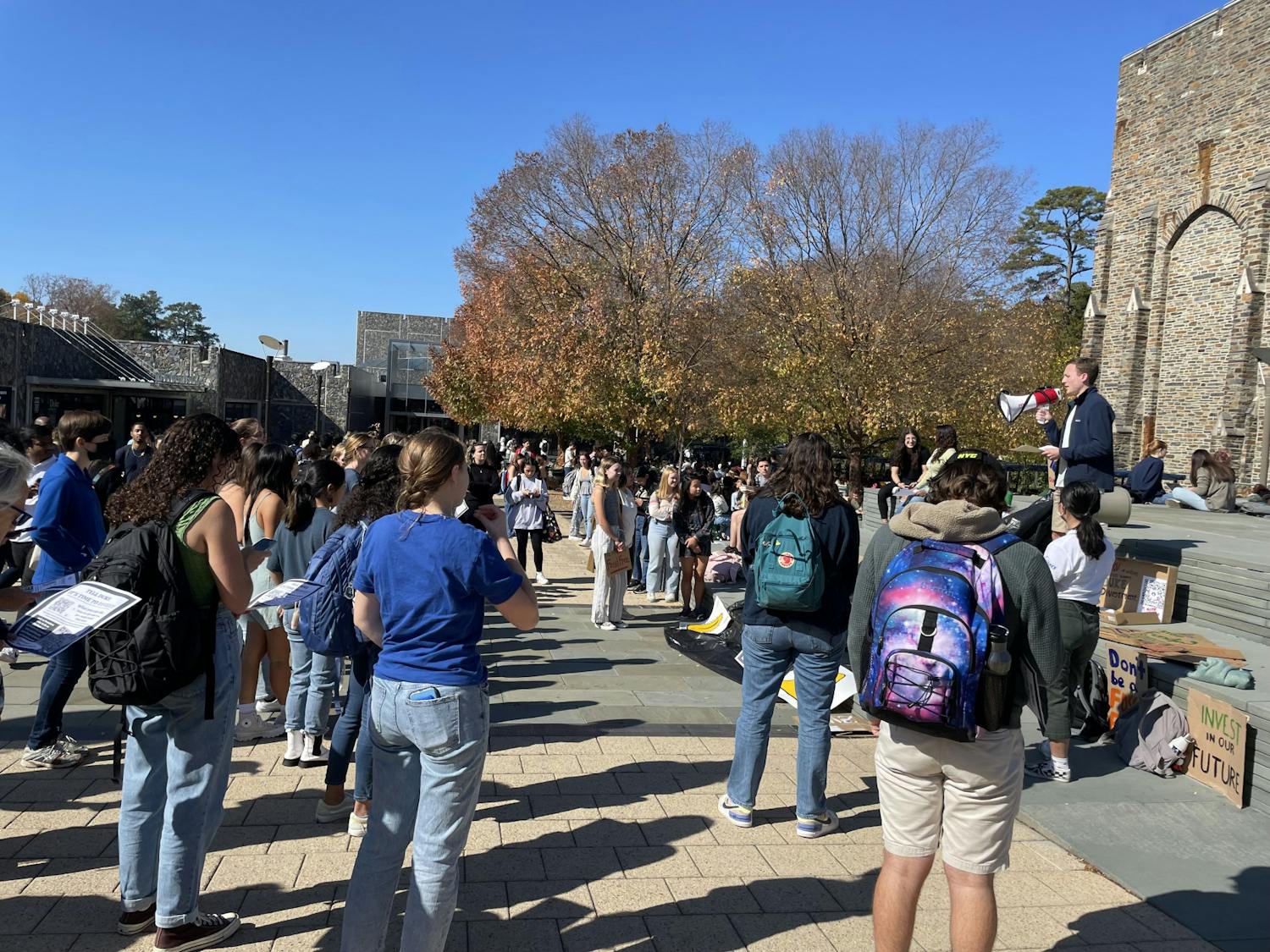 Duke Climate Coalition holds a protest on Bryan Center Plaza on Nov. 3, 2022.&nbsp;