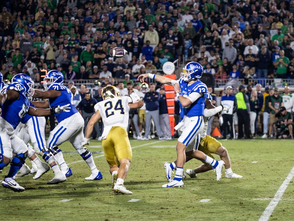 Quarterback Riley Leonard throws in the Sep. 30th loss to Notre Dame. 