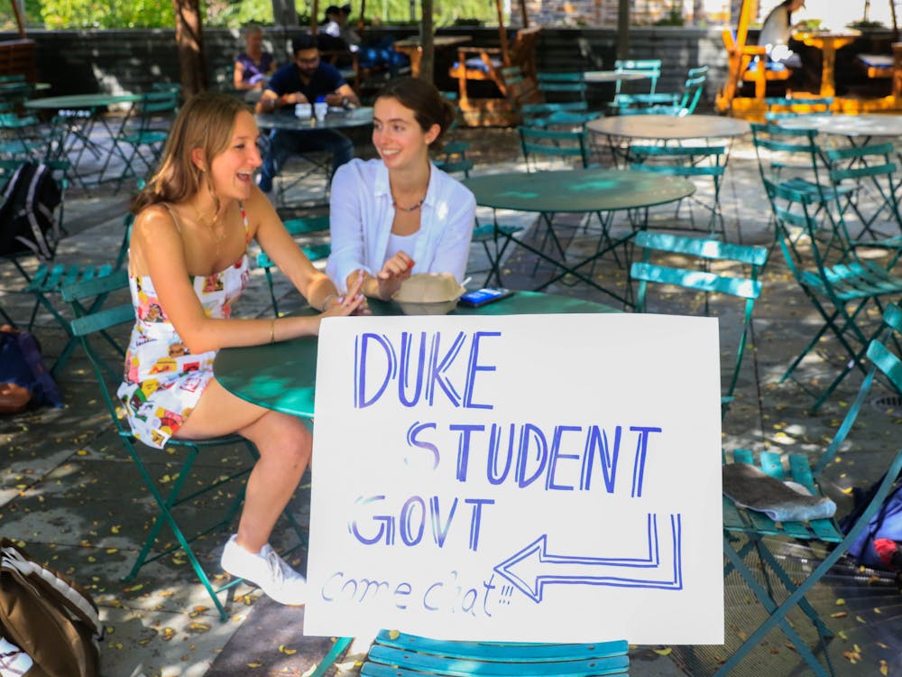 <p>From left, DSG President Lana Gesinsky chats with Isabella Pansini, both seniors, in Gesinsky's first Pulse Check on Wednesday, Sept. 7 on the Bryan Center Plaza.&nbsp;</p>