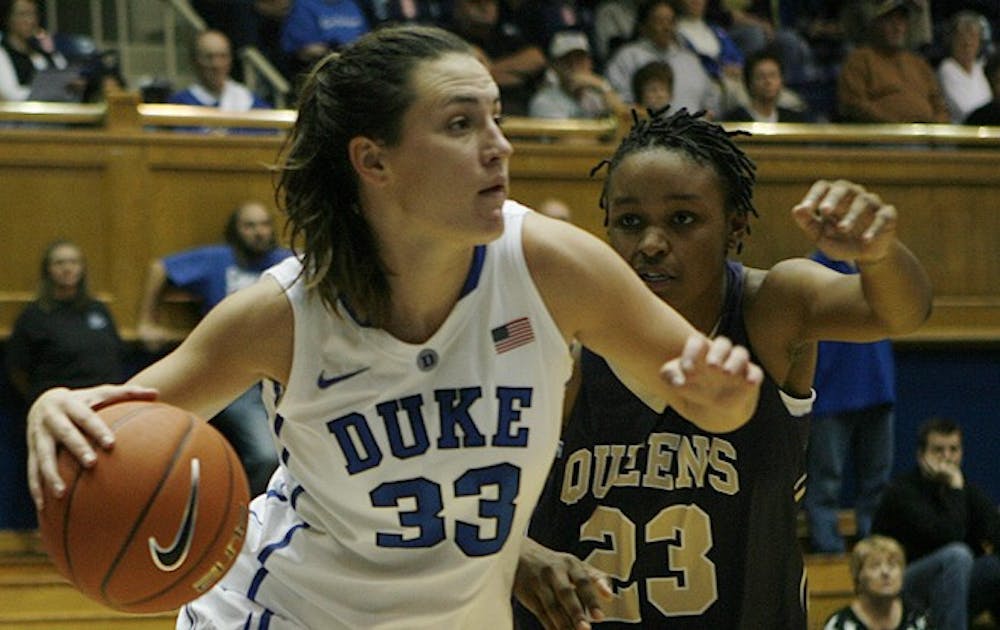 Haley Peters led the Blue Devils in their rout of Queens, recording 21 rebounds and 20 points.
