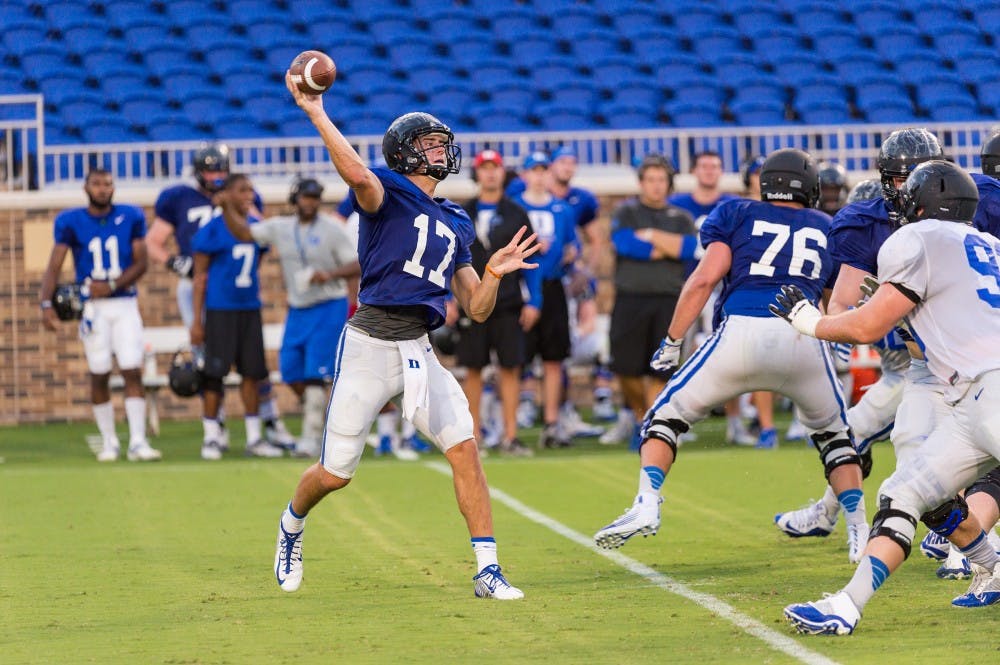 <p>Daniel Jones threw two touchdowns in Duke’s open scrimmage, impressing the Blue Devil coaches with his poise in the pocket.</p>
