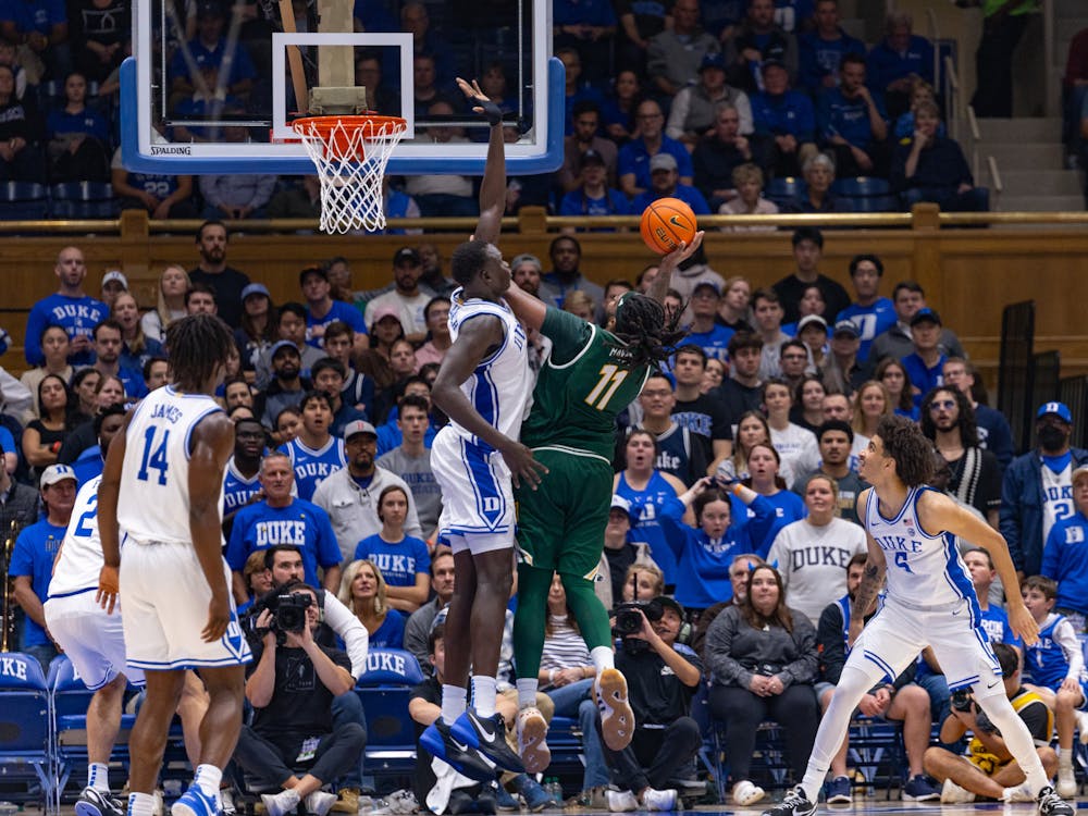 Khaman Maluach blocks a shot in Duke's home game against George Mason.