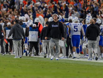 Head coach Mike Elko looks on dejectedly during Duke's loss to Virginia.