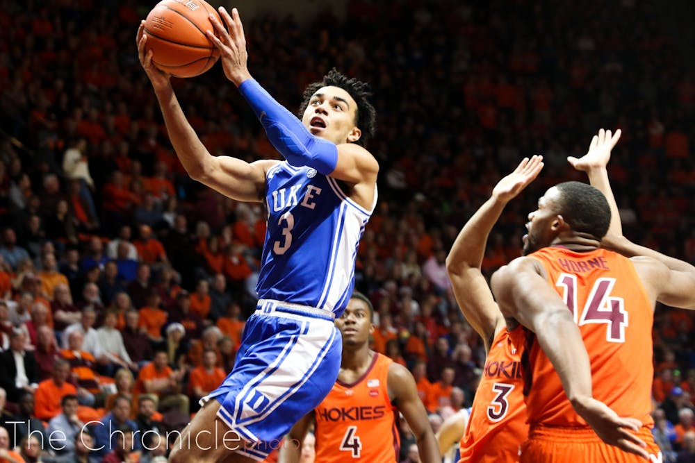 <p>Tre Jones led the Blue Devils to two big road wins over Michigan State and Virginia Tech this week.</p>