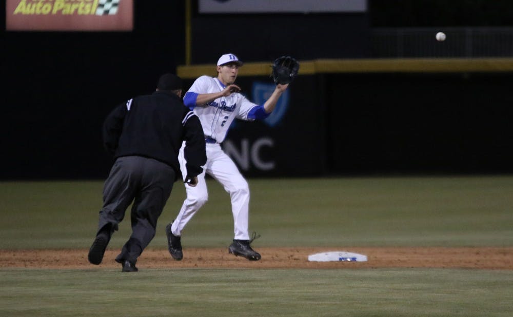 <p>Shortstop Zack Kone has struggled in the field with 14 errors thus far, contributing to free offense for Duke’s opponents.</p>