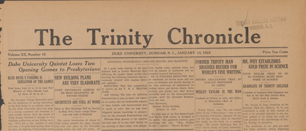 <p>The front page of The Chronicle on Jan. 14, 1925, highlighting Duke men's basketball's losses to Davidson College.</p>