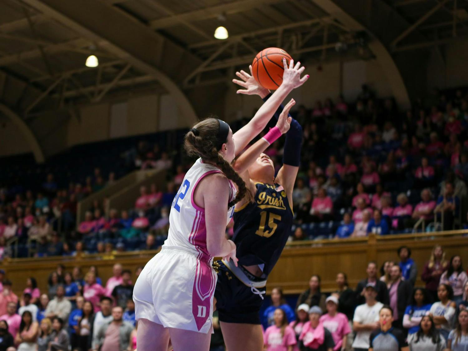 Kennedy Brown blocks a shot during Duke's loss to Notre Dame.